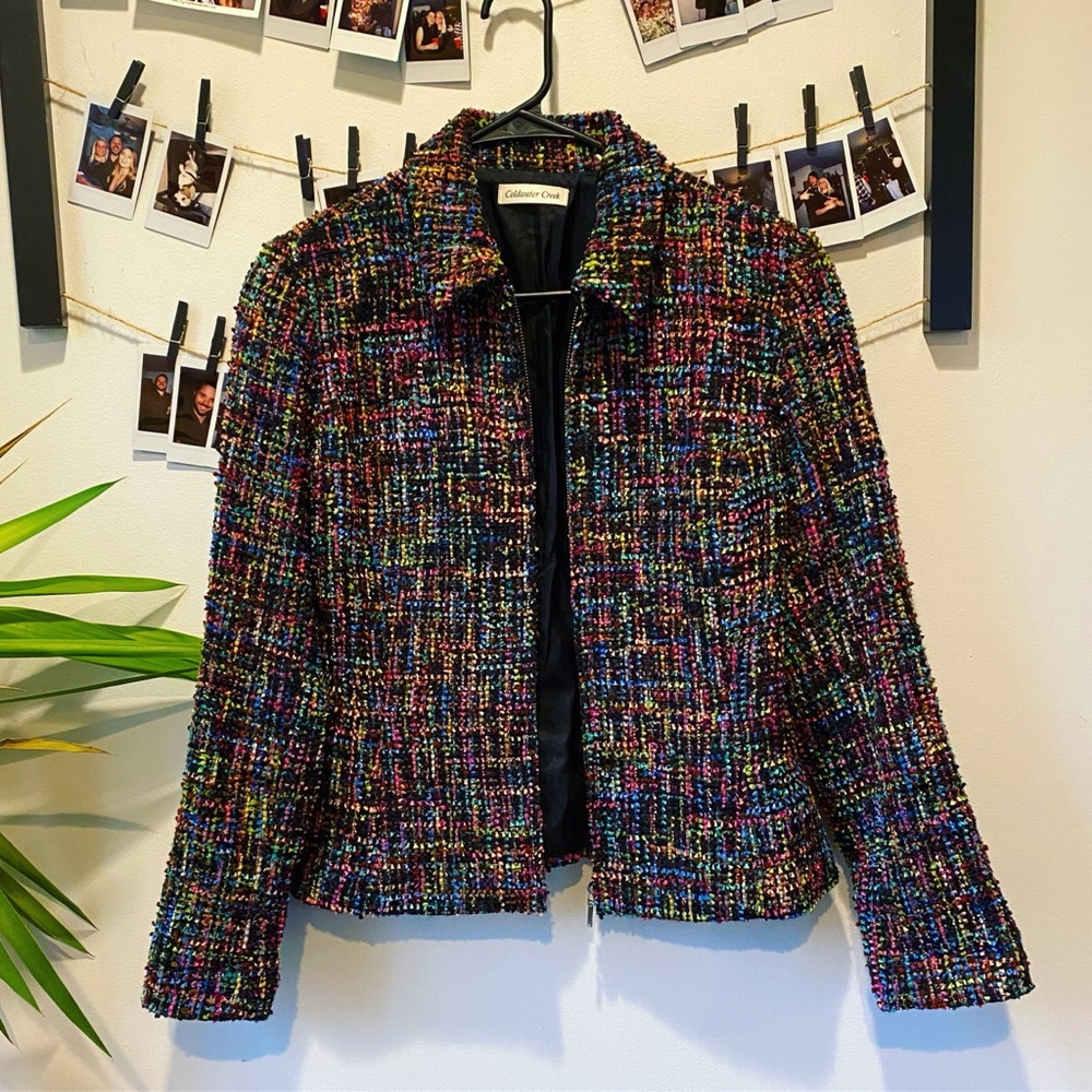 Black & Rainbow Tweed Texture Zip Up Blazer